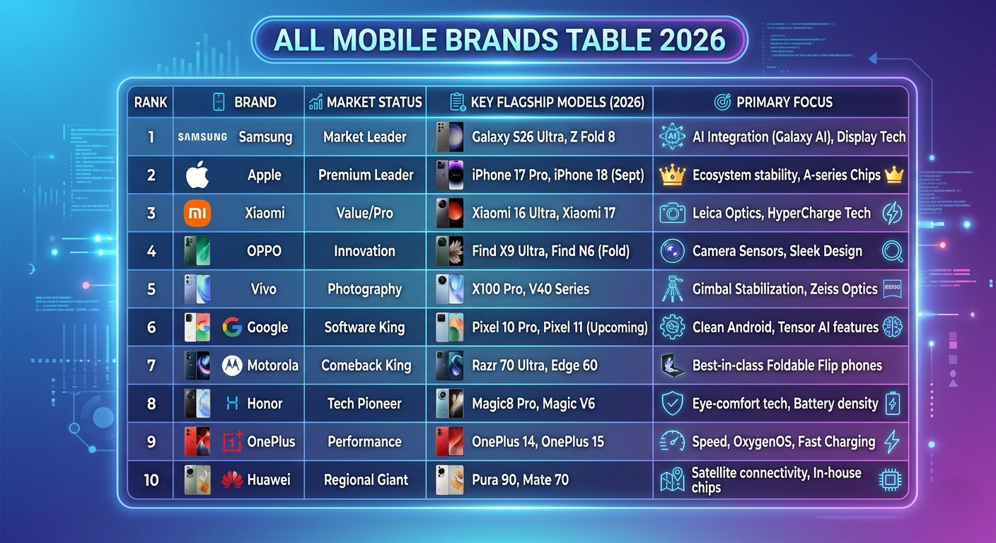 All Mobile Brands Table 2026